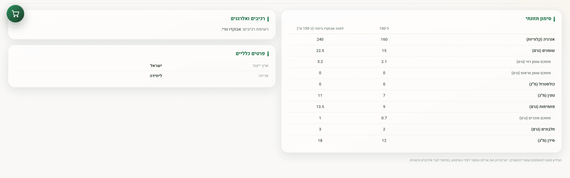 Uniform product spec sheet with nutrition table